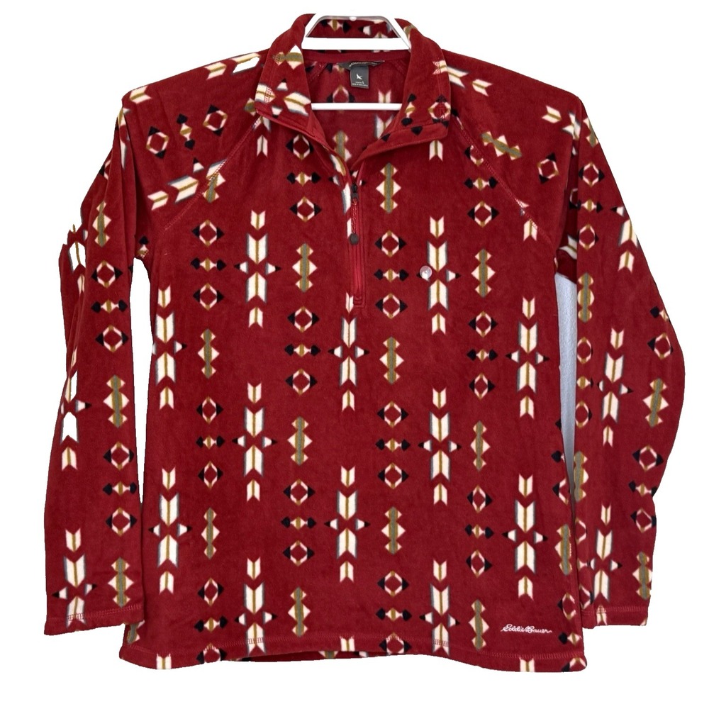 Eddie Bauer 1/4 Zip Fleece Jacket Womens Sz Large Red Aztec Pullover Sweatshirt‎